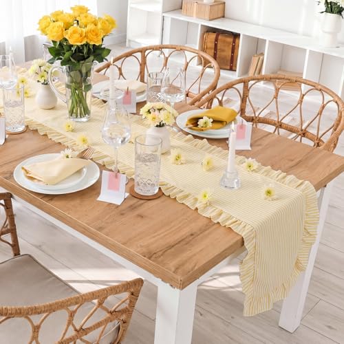 Windkream Yellow Stripe Ruffled Table Runner 72 Inches Long Scalloped Table Runner Rustic Cotton Tabletop Farmhouse Decor for Baby Shower Bride Shower Birthday Party Holiday Wedding by Windkream - Used condition - Image 6