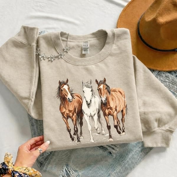FITIN Unisex Wild Horses Sweatshirt for Women – Vintage Western Horse Graphic Crewneck Country Cowgirl Pullover