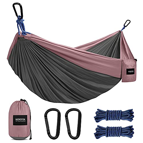 Kootek Camping Hammock Double & Single Portable Hammocks with 2 Hanging Ropes, Lightweight Nylon Parachute Hammocks for Backpacking, Travel, Beach, Backyard, Hiking (Dark Grey & Rose, Large)