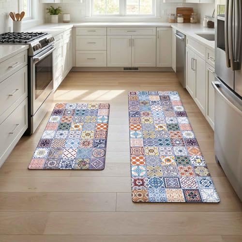 Zussun Boho Kitchen Rug Mats for Floor Cushioned Anti Fatigue Colorful Ceramic Tile Kitchen Rugs Sets of 2 Talavera Non Slip Waterproof Comfort Memory Foam Standing Floor Mat for Laundry Sink Desk