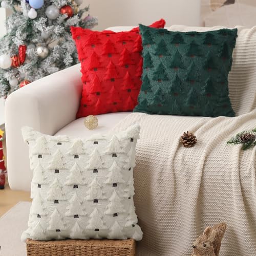 Image of Allorry Christmas Pillow Covers 18x18 inch Set of 2 Christmas Decorations Soft Plush Faux Fur Wool Cream White Christmas Tree Throw Pillow Cases Winter Holiday Decor for Sofa Living Room PT-002D18