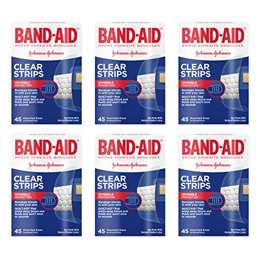Band-Aid Brand Clear Strips Adhesive Bandages, Assorted Sizes, Discreet First Aid and Wound Care for Minor Cuts and Scrapes, Assorted Sizes, 45 ct (Pack of 6)