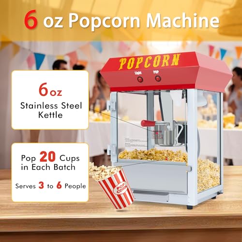 Image of Popcorn Machine (Red) - Countertop Popcorn Maker - Vintage Popcorn Popper with 6 Oz Auto-Stir Kettle, No cart & Stand, Makes Up to 20 Cups for Movie /Home Theater, Parties, Restaurants Snack
