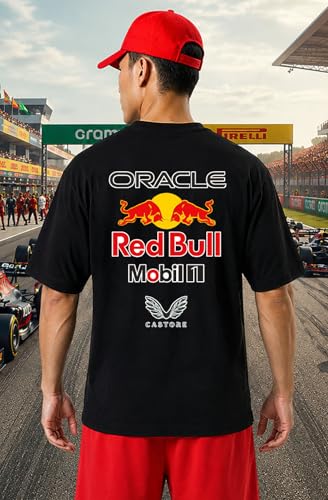 Image of Khakey Men's F1 Racing Graphic Printed Black T-Shirt | Formula 1 Back Print Drop Shoulder Tee | Motorsports Car Print Tshirt for Men & Women | Cotton Streetwear Tee's | Unisex Fit