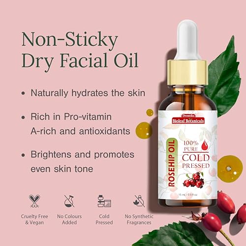 Image of Drontika Bioleaf Botanicals Organic Rosehip Oil for Skin, Face & Hair 15 ml | Cold Pressed & Therapeutic Grade Carrier Oil for Face Massage, Makeup Prep, Scars, Cuticles, Stretch Marks, Fine Lines & Wrinkles.