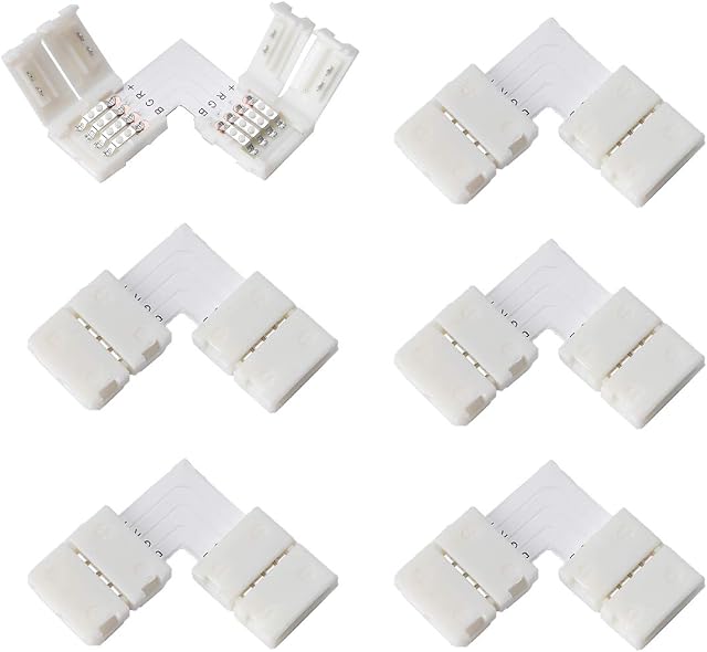 WOWLED 10-Pack 4 Pin 10mm L-Shape Strip Light Connector Clip, Right Angle Corner Connector for 5050 3528 RGB Strips Light 90 Degree Joint Solderless Adapters DC