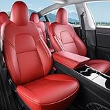 Wekar Tesla Model 3 Car Seat Covers Nappa Leather Car Interior Seat Airbag Compatible Cushion Cover Full Set Custom Fit 2023 2022 2021 2020 2019 2018, Nappa Wine Red