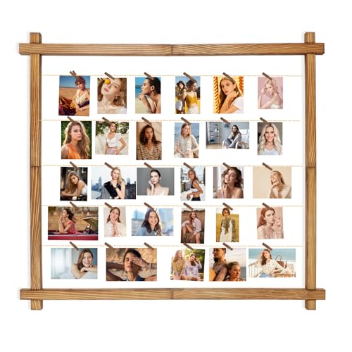 Picture Frames Collage Photo Display Board With Clips Hanging Picture Wall Decor for Graduation Letter Postcard Greeting Card Organizer Holder Metal Bead String Pine Upgraded Large(Carbonized Brown)