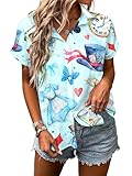 Princess Magical Shirt for Women Mad Tea Party Shirts Magic Hawaiian T-Shirt Fairy Tale Vacation Button up Tops Light Blue