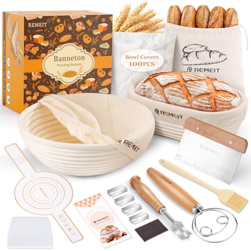 REMEIT Banneton Bread Proofing Basket Sourdough Bread Baking Supplies, Sourdough Starter Kit with...