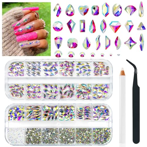 qiipii 24 Styles AB Crystal Nail Rhinestones Multi Shapes Flatback White AB K9 Glass Gems Round Beads Stones Diamonds Jewels Nail Art Charms Supplies for Nails Face Eyes Makeup Crafts Clothes Tumblers