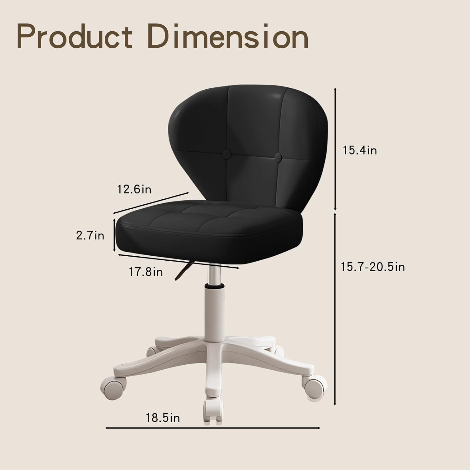 Vanity Chair with Back – Small Armless Office Chair with Wheels, Lumbar Support, PU Leather, Adjustable Height, 360° Swivel for Home, Bedroom, Office Black Set of 1