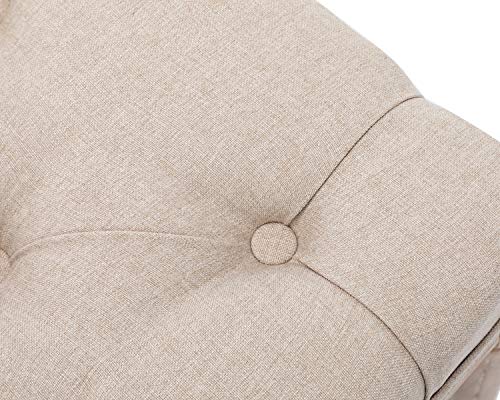 Kmax Upholstered Entryway Bench, Rustic Ottoman Bench With Carved Pattern & Rustic White Brushed Rubber Wood Legs, Beige #TOP6