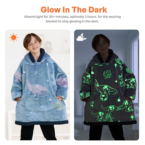 Image of Giggling Getup Glow in The Dark Wearable Blanket Hoodie for Girls and Boys Warm Cozy Sherpa Fleece Hooded Blanket Sweatshirt Oversized Hoodie with Giant Pocket & Sleeves for Kids Blue Dinosaur Glow