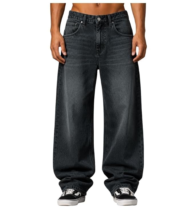 Men's Black Whisker Jeans Baggy Loose Fit Wide Leg Denim Pants Ca...