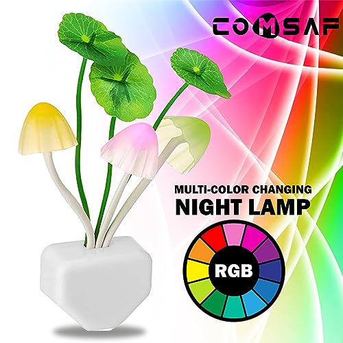 Image of ComSaf Plug in Wall Led Mushroom Night Light Lamp with Dusk to Dawn Sensor,Auto On /Off Cute Color Changing Bed Nightlight Led Wall Light - Dim Night Light for Bedroom [Pack of 1] - Plastic,Multicolor
