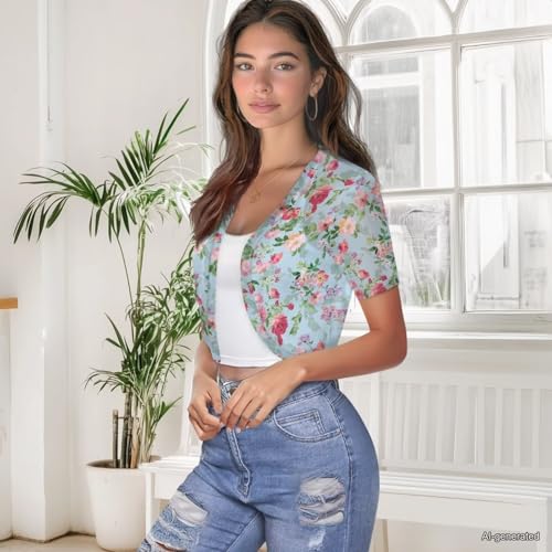 Image of Womens Short Sleeve Cardigans Lightweight Summer Cardigan Trendy Bolero Shrug Cute Floral Cardigan Sheer Bolero