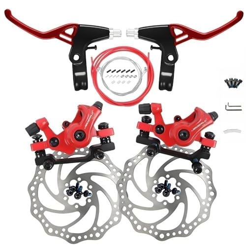 Image of JEDERLO Bicycle Disc Brake Kit, Brake Levers, Brake Cables, Mechanical Disc Brake Calipers, Universal Front/Rear Disc Brakes, Aluminum Outdoor Bicycle Mechanical Disc Brake Wear Parts (Red Full Set)