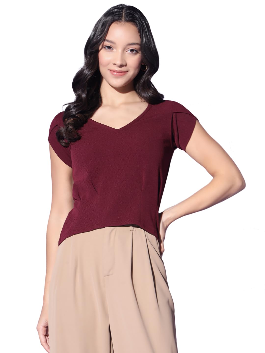 trend arrest.ed Women's Stretchable V-Neck Cap Sleeve Top for Office, Brunch-picture-36
