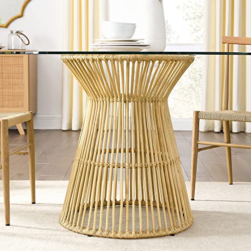 Sybrioka 5 Pieces Round Dining Table Set Tempered Glass Top, 4 Modern Dining Chairs For Kitchen, Natural Rattan Dining Table For Living Room And Dining Room #TOP3