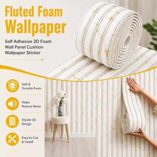 Image of Self Adhesive 3D Marble Fluted Foam Wall Panel Roll 2.78M x 16CM x 1.5CM, Waterproof Peel Stick Wall Cladding for Living Room, Bedroom, TV Background Office Cover.