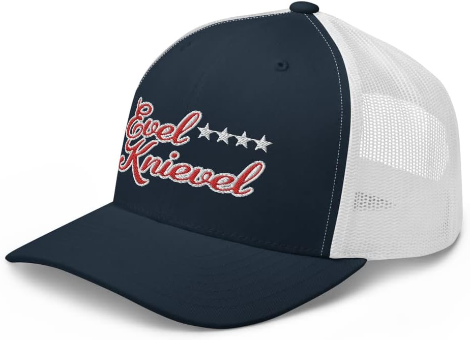 Evel Knievel Vintage Design Trucker Cap - Navy and White with red Stitching and mesh Back.