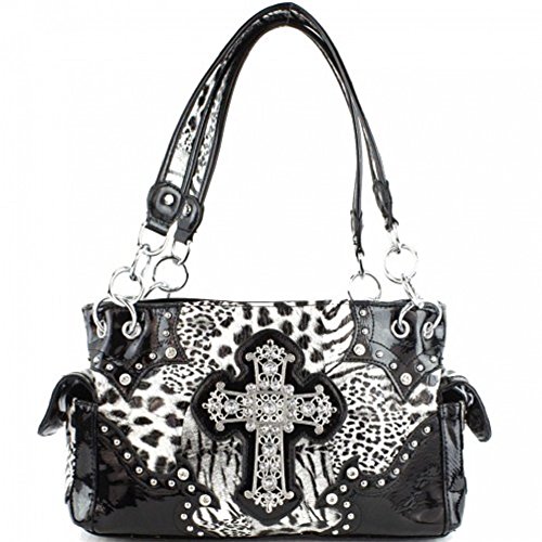Western Cross Leopard Handbag Rhinestone Pocket Purse With Matching Wallet (black1)2