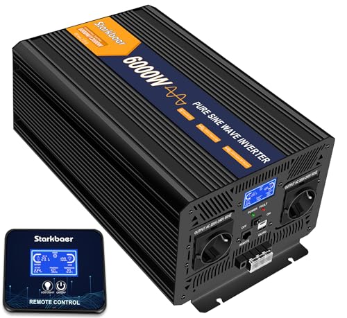 Onduleur Pur Sinus 24V 220V 6000W doté d'un écran LCD et double prise européenne