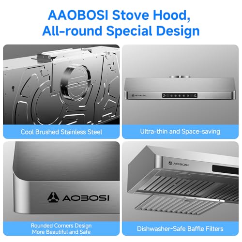 Image of AAOBOSI 30 Inch Under Cabinet Range Hood, 800 CFM Stainless Steel Kitchen Vent Hood with Gesture Sensing, Touch Control, 3-Speed Exhaust Fan, LED Lights, Ducted Range Hood