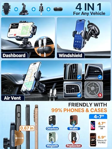 Image of Military-Grade Anti-Shake & 360 Rotatable Suction 2026 Upgraded Car Phone Holder Mount 90+LBS Safest Strongest & Patent Certs Dashboard Windshield Vent for iPhone 17 16 Pro Max Samsung,Gloss Black