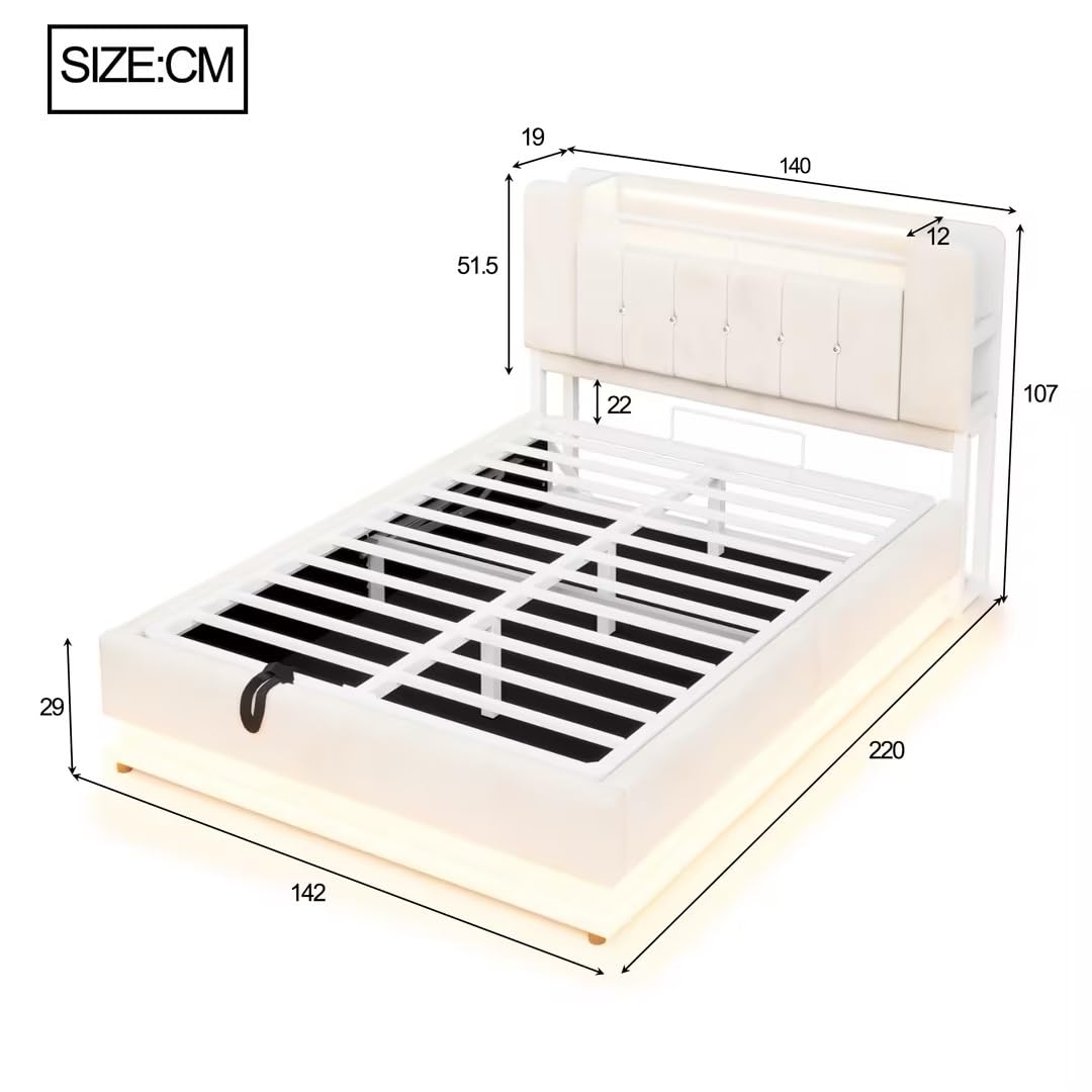Cama tapizada inteligente de 140 x 200 cm con iluminación LED, USB y almacenamiento hidráulico, funda de terciopelo suave y marco de metal, color beige
