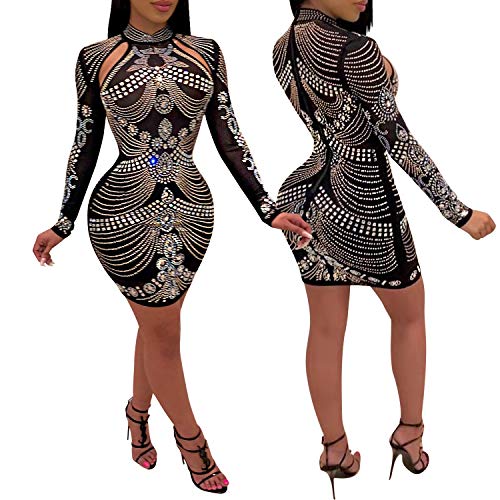 Image of PORRCEY Women's Sexy Elegant Rhinestone Mesh Party Club Night Mini Dress