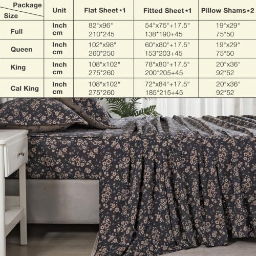 Image of Vintage Dark Floral Muslin Bed Sheets Queen Size Deep Pocket, 4Pcs