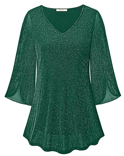 Bebonnie Dressy Christmas Tops for Women: Womens Sparkly Sequin New Years Eve Holiday Festive Elegant Fancy Blouses Fall Winter Fashion Trendy Formal Dinner Wedding Tunic Tops Emerald Green XXL