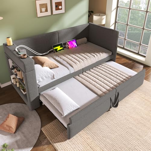 @Moflan Lin Cama de día tapizada de 90 x 200 cm, sofá cama individual con cama nido, reposabrazos con puerto de carga USB y tipo C y soporte para bebidas, mezcla de lino, gris, sin colchón.