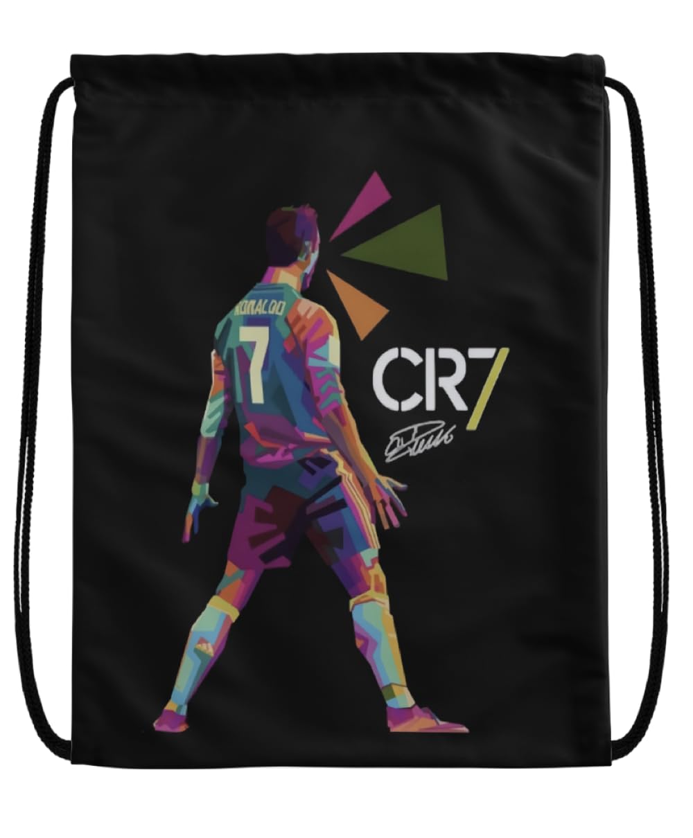 EZB Football Legend Ronaldo CR7 Drawstring Bag | 36x30cm Midi Sized Backpack | Multi-Use: Sports Kits, PE Kits, Gym, Lunch, Holiday, Beach, Soccer Pump Bag | CR7 Black Bag