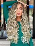 YESEGO Long Ombre Blonde Wig for Women 26 Inch Middle Part Curly Wavy Wig Natural Looking Synthetic Heat Resistant Fiber Wig for Daily Party Use, Ombre Blonde