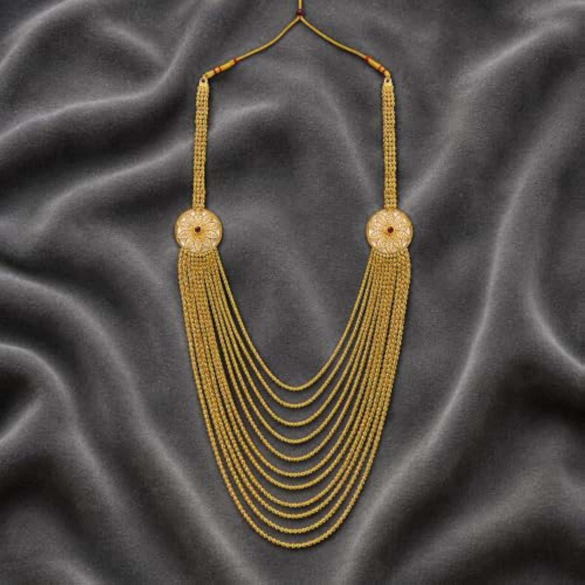 Trending Finish Multi-Layer Beaded Long Necklace with Red Stone Stud