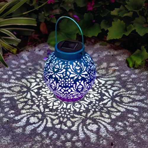 Image of 2 Pack Outdoor Solar Hanging Lantern Lights Metal LED Decorative Lamp for Garden Patio Courtyard Lawn and Table with Hollowed-Out Design (Royal Purple)