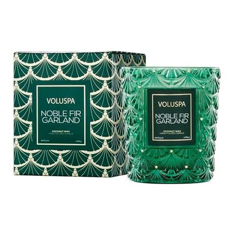 Voluspa Noble Fir Garland Boxed Candle, 6.5 oz, Coconut Wax Blend, Christmas Scented Candles for Home, 40 Hour Burn Time, Poured in The USA Cover