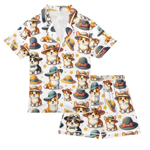 ALAZA Cute Dog in Hat Pajamas Satin Pajama Set Short Sleeve Button Down Sleepwear