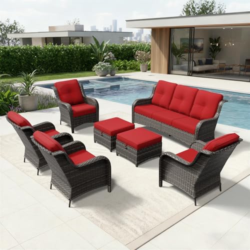Image of Joyside 7 Piece Wicker Patio Furniture Set, Rattan Patio Chairs with High Back, Deep Seating, Wide Armrest, Thickened Cushions, Outdoor Furniture for Deck, Porch Use