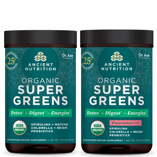 Ancient Nutrition Organic Supergreens Powder, Greens Flavor, 25 Servings + Organic Supergreens Powder, Watermelon, 25 Servings