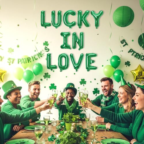 Image of 16in St Patricks Day Party Decorations Balloons-Classic Shamrocks Green LUCKY IN LOVE St Patricks day Inflatables Lucky Irish Balloons Decor Saint Patricks Day&Green party Decorations