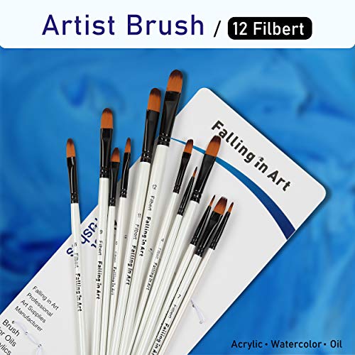 Falling in Art Paint Brushes Set, 12 PCS Nylon Professional Filbert Paint Brushes for Watercolor, Oil Painting, Acrylic, Face Body Nail Art, Crafts, Rock Painting