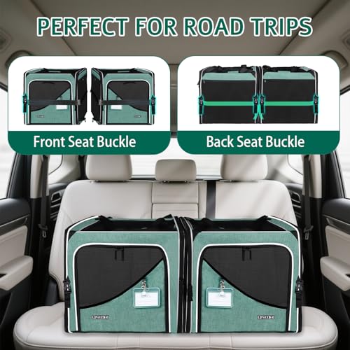 2 in 1 Double Cat Car Travel Carrier with Litter Box, Green | 38"Lx17"Wx18"H, With Lockable Zippers, Dual Extra Large, Portable, For Longer Road Trips, For Several Cats - Image 4