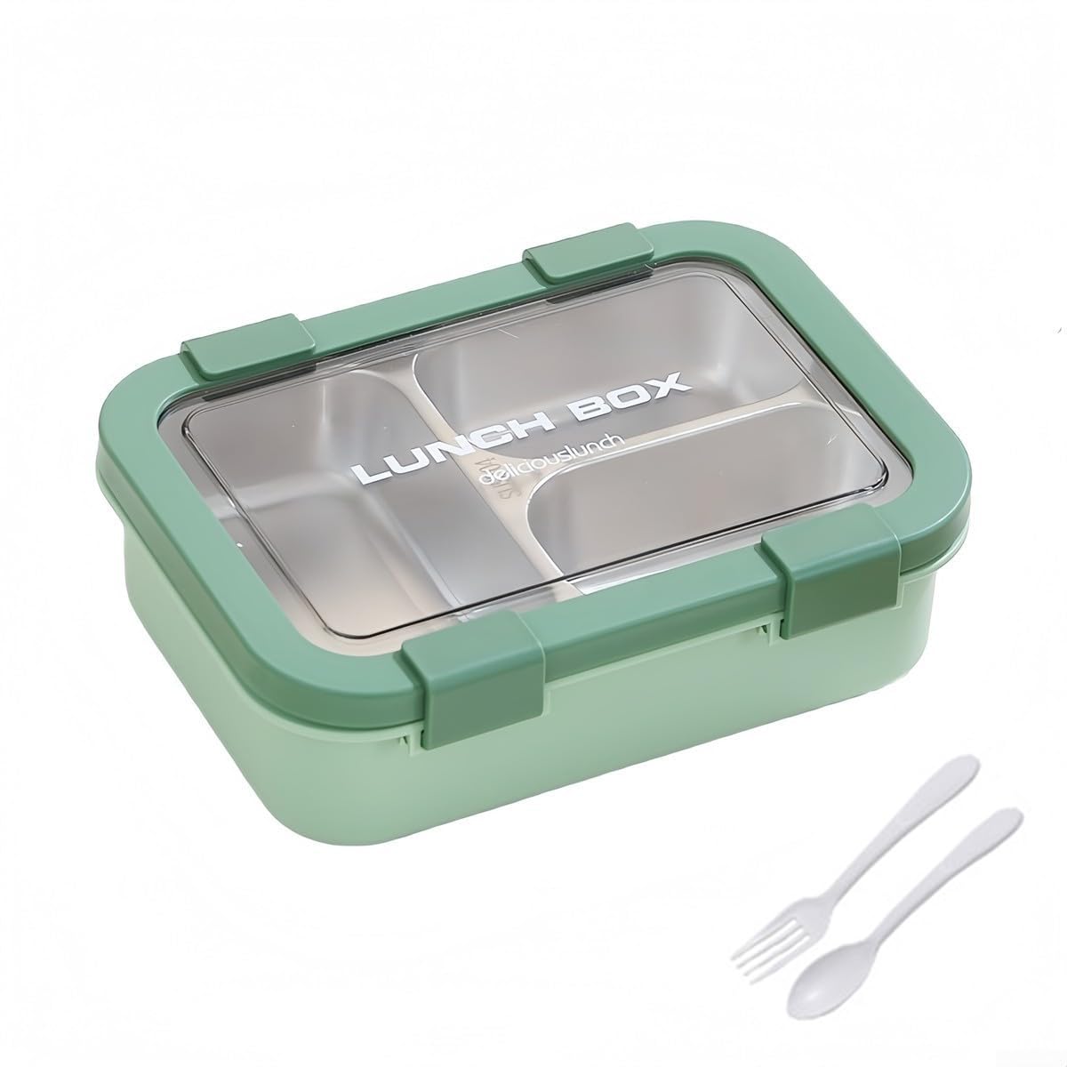 Bento Box Lunch Boxes, 750ml Compartment Lunch Box, Stainless -3 Compartments, Leakproof Lunch Boxes with Spoons and Forks, Bento Boxes for Office & Outdoor (green)