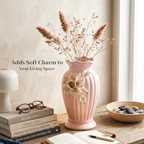 Image of MARKET 99 Light Pink Ceramic Curvy Vase with Engraved Floral Pattern | Decorative Flower Holder for Fresh & Artificial Flowers | Aesthetic Tabletop Vase for Home Decor, Living Room, Bedroom, & Office