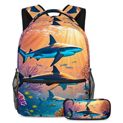 Sac à dos avec trousse à crayons requin multicolore pour enfants et ados