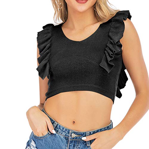 Best Bargain ANJUNIE Women Sleeveless Crop Tops O-Neck Short Tank Top Ruffles Tee Shirt Blouse(Red,L...